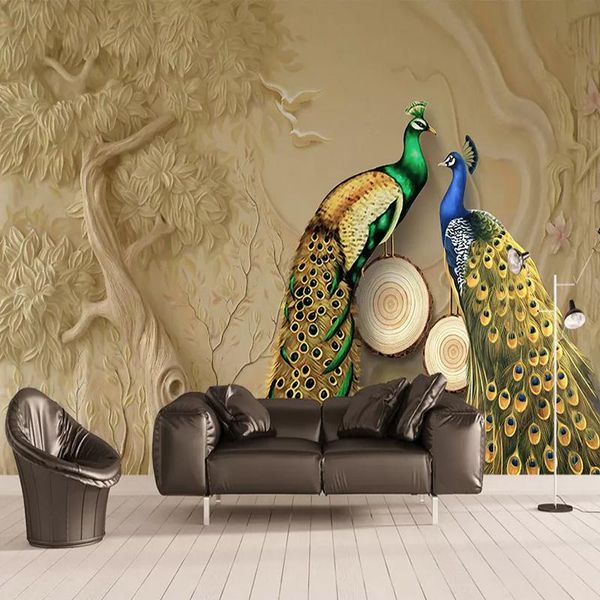 Wallpapers personalizado feitos sob encomenda mural árvore de estéreo 3d pavão pavão po pintura de parede sala de estar quarto fundo casa decoração papel de parecer