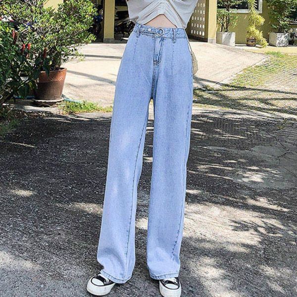 

women's jeans high waist wide leg straight loose for women s  l xl, Blue
