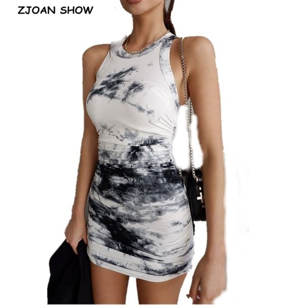 

vintage gradient tie dye sleeveless mini dress bodylish women o neck side ruched dresses knit party vestidos korea clothing 210429, Black;gray