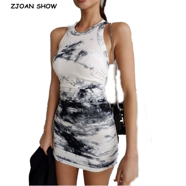 

vintage gradient tie dye sleeveless mini dress bodylish women o neck side ruched dresses knit party vestidos korea clothing 210429, Black;gray