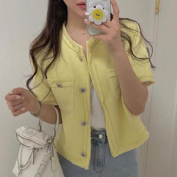 

women's jackets 2021 summer korean casual tweed women o-neck single-breasted luxury elegant coats office lady outwear crop top, Black;brown
