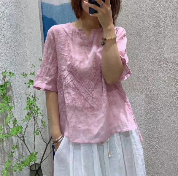 

women's blouses & shirts women loose ramie ladies embroidered summer shirt female 2021 short sleeve blouse retro, White