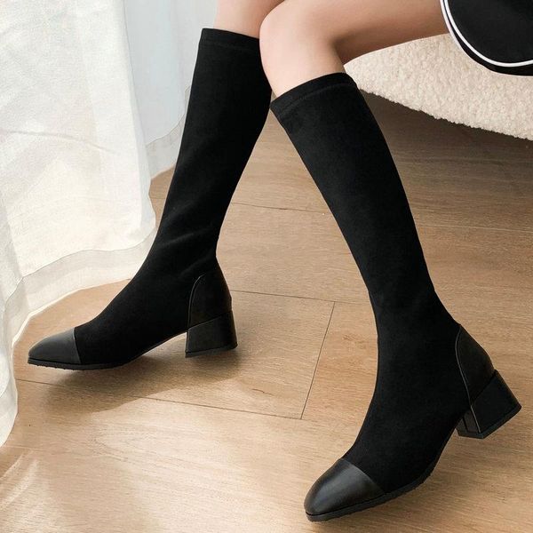 

boots patchwork knee high women square heel ladies shoes autumn winter toe flock pu stretch long size 34-43, Black
