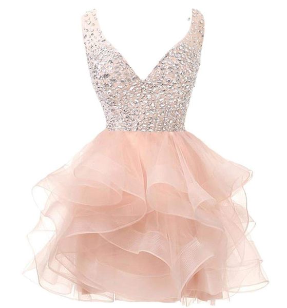 

2022 deep v-neck backless crystal sequins mini prom dresses with beading tulle plus size homecoming cocktail party special occasion gown ves, Blue;pink