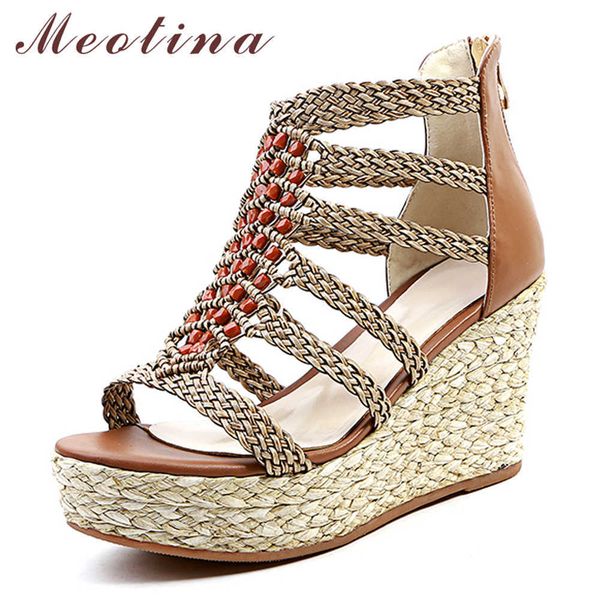 

meotina summer gladiator sandals women shoes natural cow leather platform wedges high heel shoes zipper bohemia sandals lady 39 210608, Black