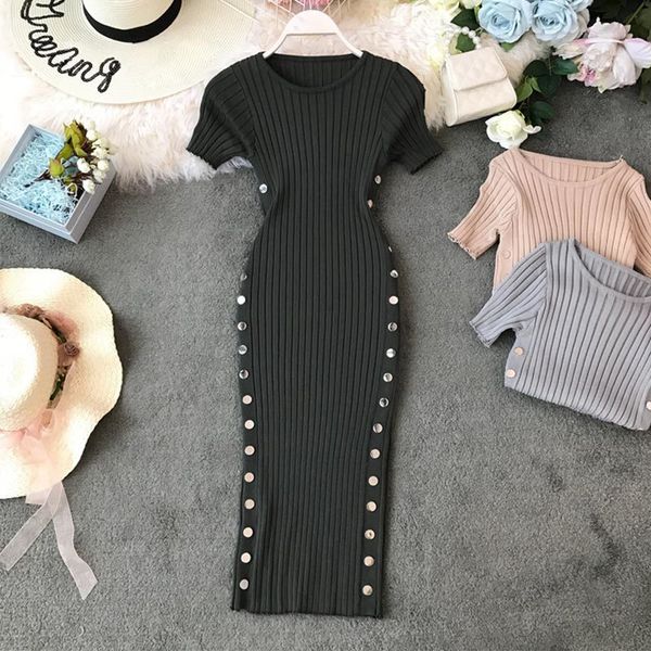 

casual dresses knitted ribbed long women bodycon short sleeve o-neck double breasted es female spring summer solid vestidos ouqw, Black;gray