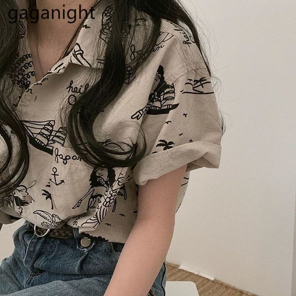 

gaganight vintage harajuku women blouse short sleeve turn down collar streetwear shirt female blouses korean casual loose blusas 210519, White
