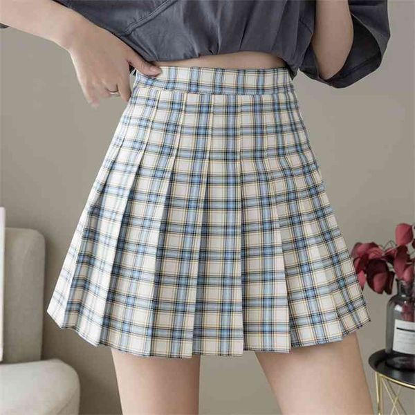 O verão coreano alta cintura plissada saias pretos gótico sexy bonito mini xadrez saia mulheres uniforme estudantes roupas 210507