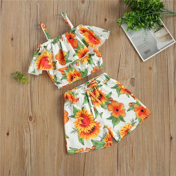 

clothing sets baby camisole + shorts sunflower print rruffle decoration elastic high waist summer, White