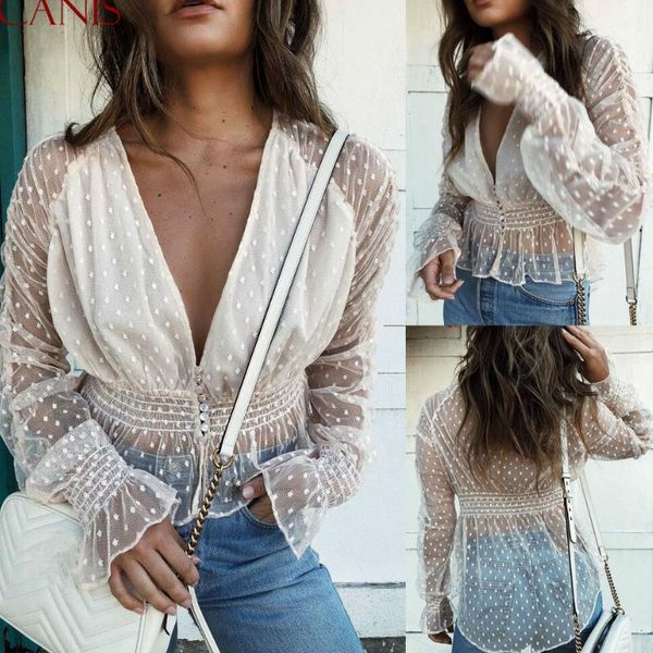 

women's blouses & shirts lady long flare sleeve women polka dot button deep v neck loose party see-through sheer mesh ruffles shirt blo, White