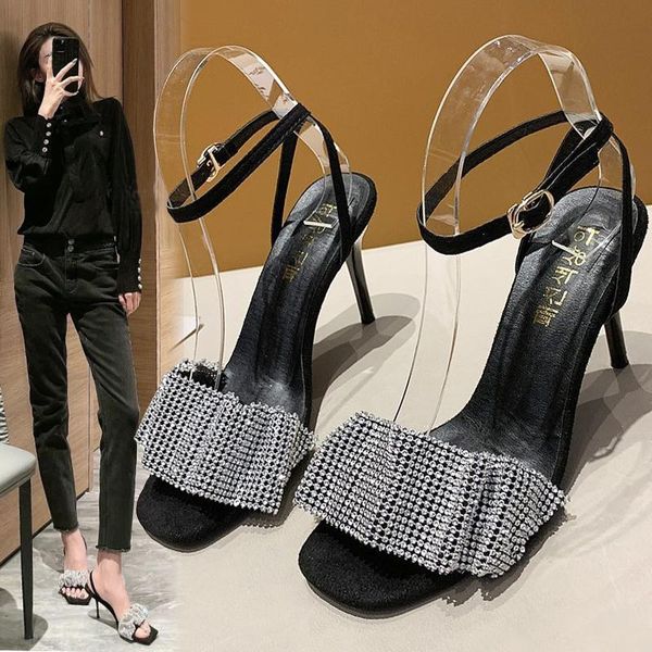 

high heel sandal for women square toe 2021 summer buckle strap clear shoes suit female beige high-heeled stiletto rhinestone dress, Black