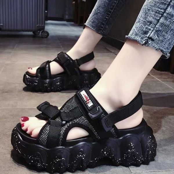 

fashion designers sandal ankle strap chunky heel gear bottoms wedges open toe sandals women cool high flat platform thick soles woman comfor, Black