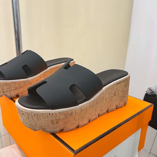 

women wedge slides sandals designers shoes genuine leather fashion dress high heel rubble bottom with box eu35-40, Black
