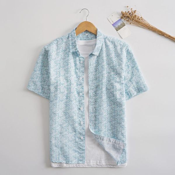 

men's casual shirts c068 linen cotton men fresh japan style floral printed lapel short sleeve holiday breathable comfortable blouse, White;black