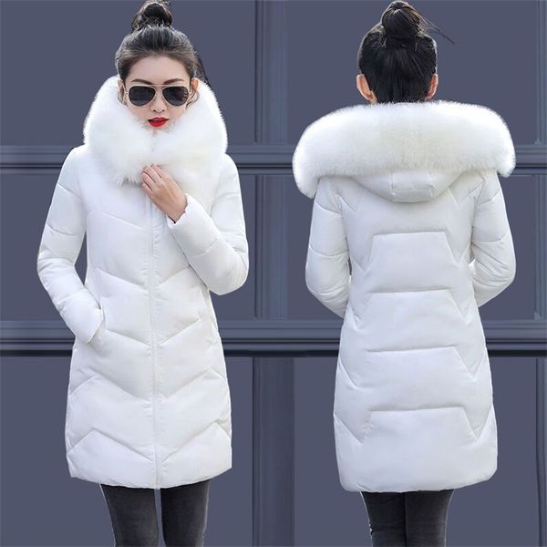 

women winter jackets coats down cotton hooded parkas feminina warm outwear faux fur collar plus size 7xl long 211018, Black
