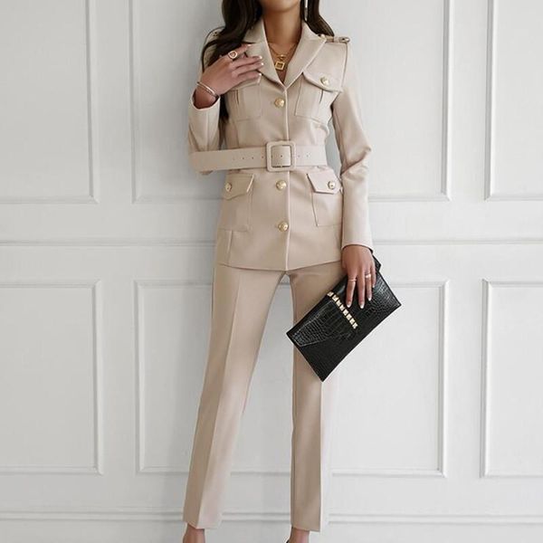 

women's two piece pants zawfl office lady blazer suits vintage set women long sleeve + high waist wide leg 2 outfits, White