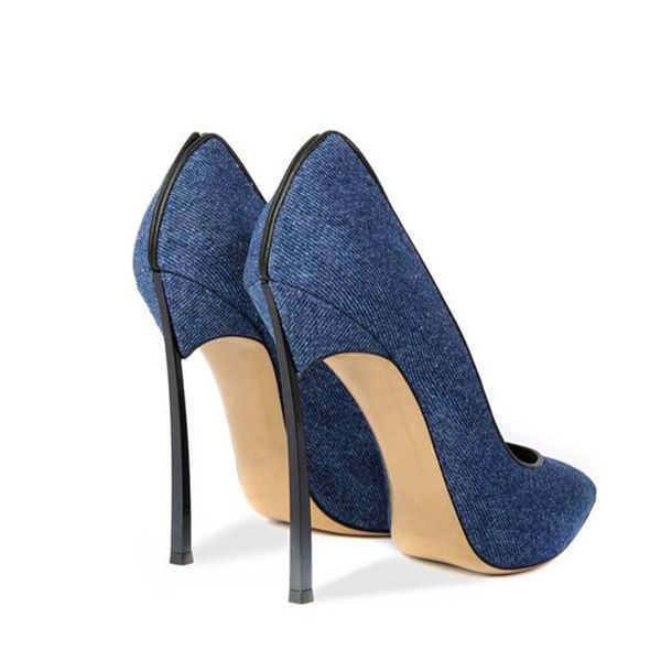 

shoe denim heel bombs from finger pointed foot down metal blade women high mouth leap sheet blue slide in spring office shoes, Black