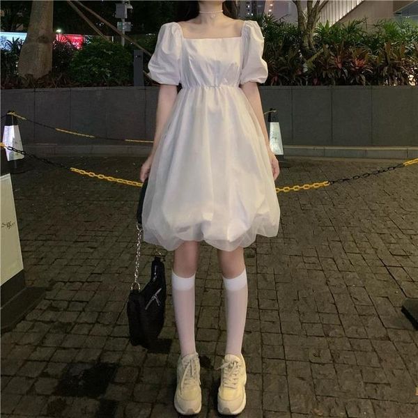 

white mesh dress women lolita puff sleeve kawaii cute fairy 2021 fashion summer korean style streetwear casual dresses, Black;gray
