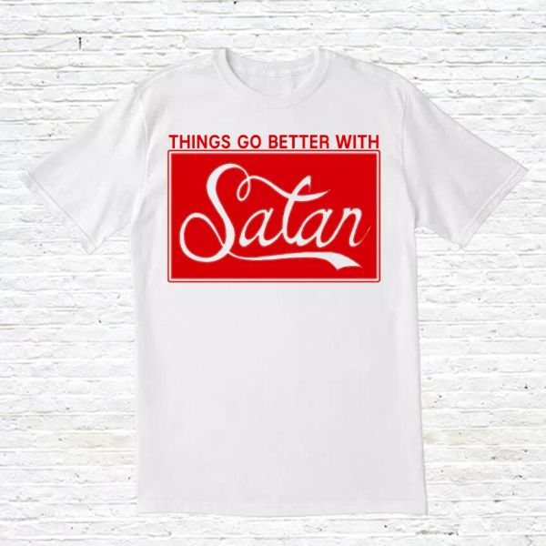 

things go better with satan t-shirt, White;black