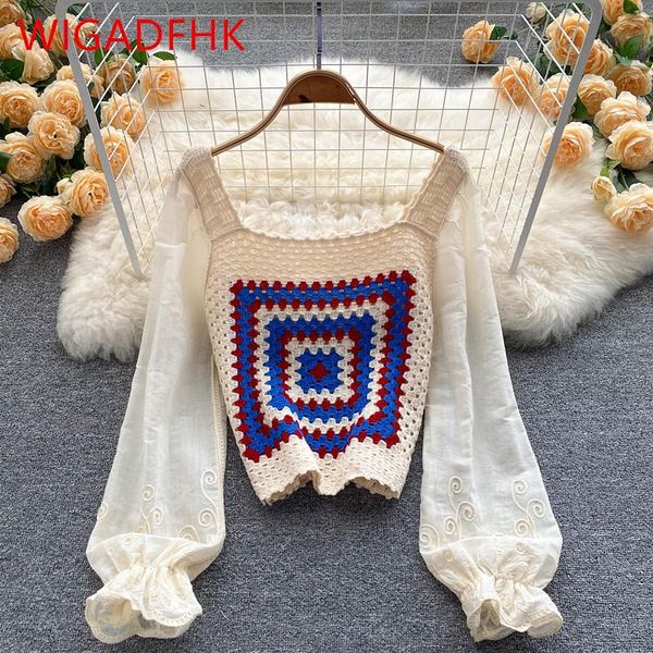 

women's sweaters sweet embroidered flower knit sweater fashion hollow hit color cropped retro square neck long sleeve pullover, White;black