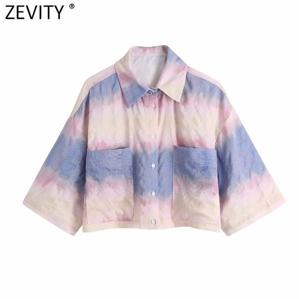 

women vintage color match tie dyed printing short blouse female pocket patch kimono shirt roupas chic chemise ls9141 210420, White