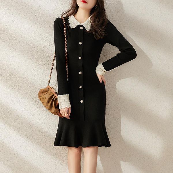

casual dresses 2021 spring women knitting noble luxury elegant slim high waist ruffles female office lady solid all-match, Black;gray