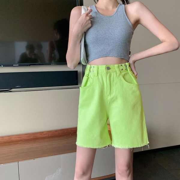 

women's shorts tie high waist five point summer women loose casual a-line wide-leg denim fashion thin breathable green jeans, White;black