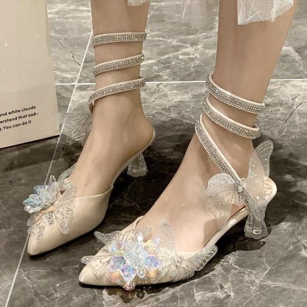 

dress shoes snake winding bow fairy style high-heeled sandals 2021 summer fashion versatile mid heel diamond pointed women's, Black