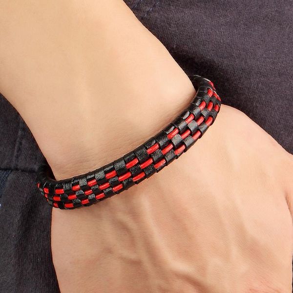 

link, chain 2021 punk men jewelry leather bracelet red/blue/black cord stainless steel magnetic clasp fashion bangle 19/21/23cm pulseira
