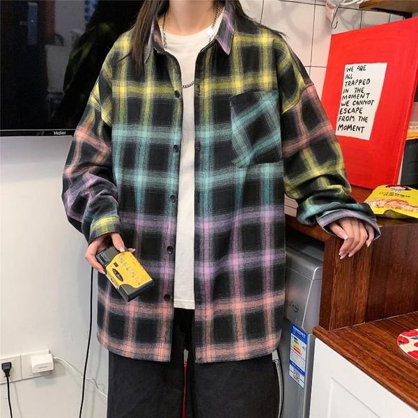 

men's casual shirts 2021 autumn men gradient color plaid shirt loose long sleeve couple mens fashion clothing trends, White;black