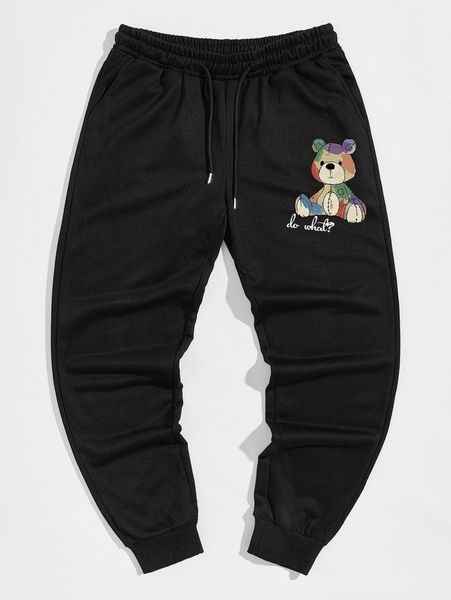 

romwe letter cartoon graphic drawstring sweatpants x9ya#, Black