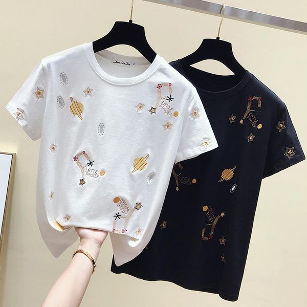 

women's loose embroidered t-shirt short sleeves, White