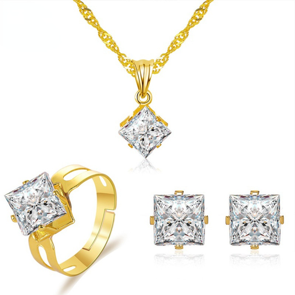 

stud women's crystal set metal zircon temperament square three-piece jewelry fashion elegant dinner dress accessories party, Golden;silver