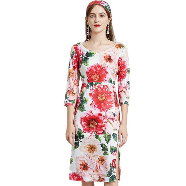 

casual dresses 2021 spring summer women v-neck three quarter sleeve dress romantic sicily flowers print split hem slim pencil, Black;gray