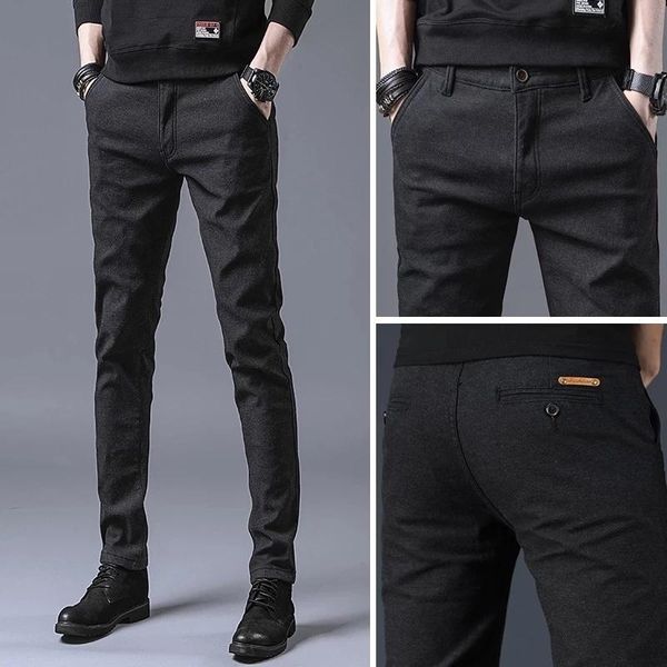 

luren 2021 men's spring autumn fashion business casual long pants suit male elastic straight formal trousers plus big size, Black