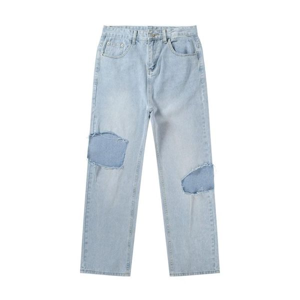 

men's pants 2021 summer no stretch blue cotton wash cut hole casual denim middle waist youth spot, Black