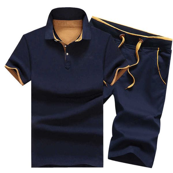 Track Terno Homens Slim Polo Camiseta + Shorts Conjunto Casual Tracksuit Sólido Masculino Lazer Masculino Homens Homens e Pant Terno Suor Suor Homens 210714