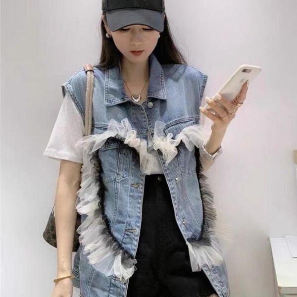 

autumn design sense stitching ruffle sleeveless vest coat women, White