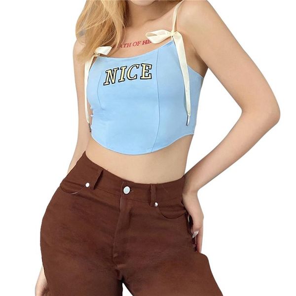 

women slim embroidered letter prints camisole corsets summer sleeveless lace up shoulder strap vest irregular hem women's tanks & cami, White