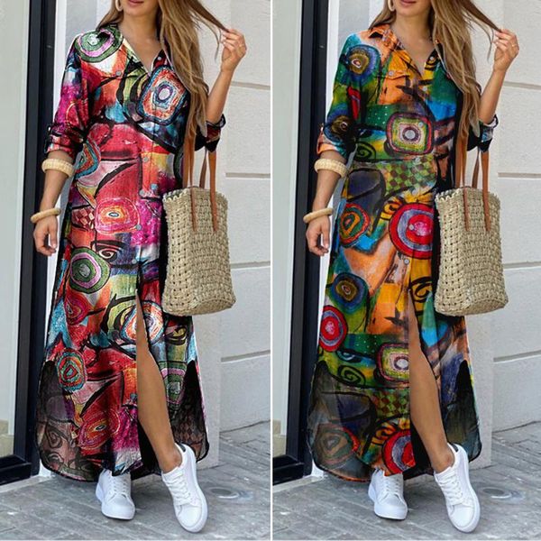 

casual dresses elegant lapel office lady shirt dress 2021 summer cotton linen party fashion long sleeve button maxi, Black;gray