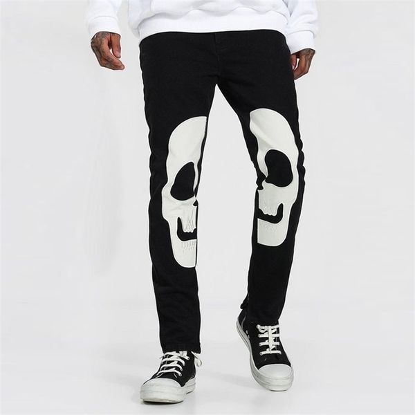 

men slim biker jeans stretch black washed neutral street thin denim trousers skull printed design fit cozy pencil pants 210716, Blue