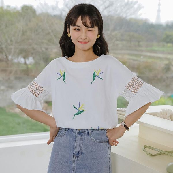 

women's t-shirt urban khaki 2021 design sense ruffled short sleeves summer loose embroidered hollow half sleeve fashion, White