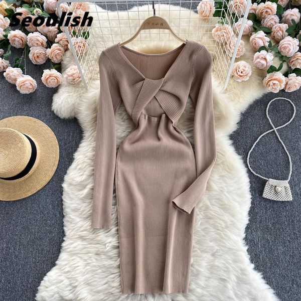 

casual dresses seoulish autumn winter 2021 cross v-neck knitting wrap dress hollow out high waist long sleeve sheath bodycon sweater, Black;gray