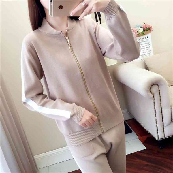 

women striped sweater set female o neck long sleeve pullover and pant two pieces flat knitted for office lady zipper fly 210427, White;black