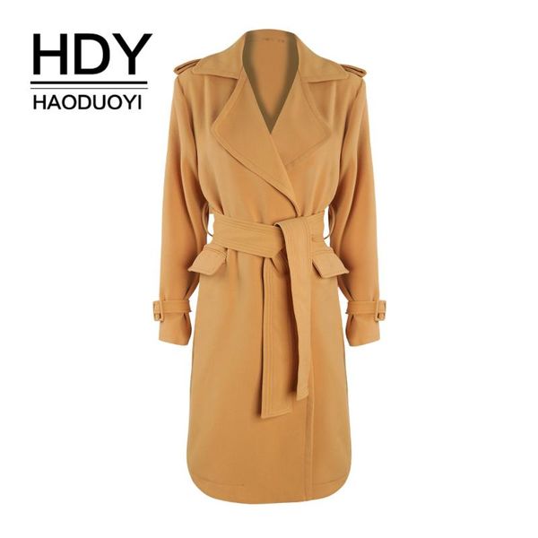 

women's trench coats hdy haoduoyi 2021 ginger epaulettes waist knot hem open safari coat for female natural leisure style winter autumn, Tan;black