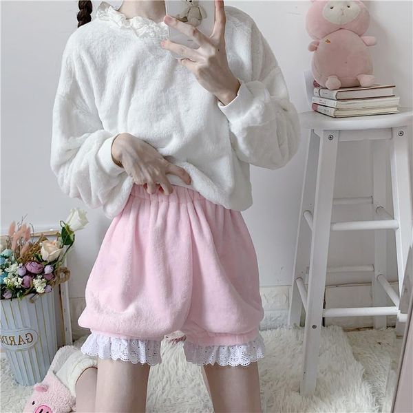 

women's shorts winter cute lolita girls warm velvet sweet high waist lace plush summer kawaii bloomers pink white, White;black