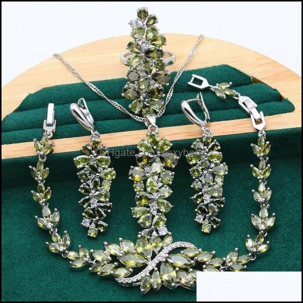 Brincos colar conjuntos de jóias azeitona verde roxo topázio 925 sier conjunto para mulheres pulseira pingente anel anel presente 4 pcs entrega de gota 2021