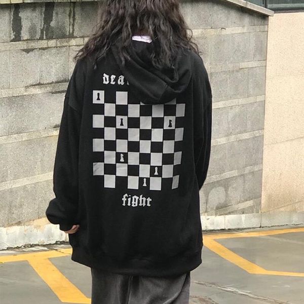 

harajuku sweatshirt women black streetwear oversized checkerboard hoodie spring 2021 kpop hooded jacket letter women's hoodies & sweats