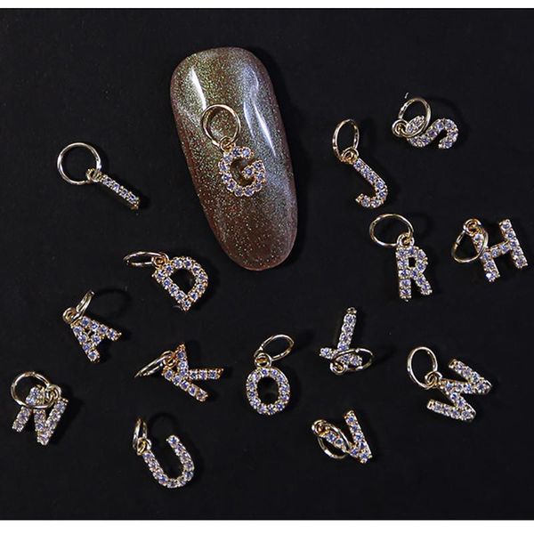 

nail art decorations 26 letters zircon pierced alphabet dangle letter jewels a-z gold metal alloy manicure charms a20, Silver;gold