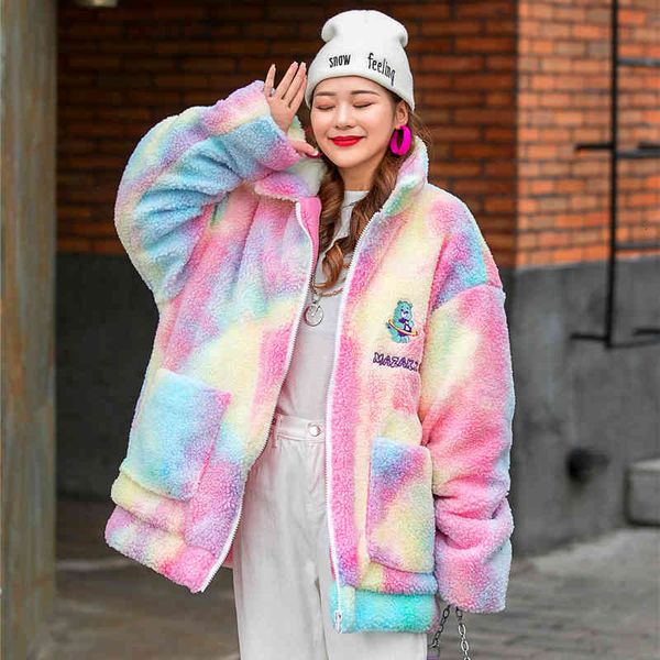 

down tide brand embroidery lamb wool cotton clothes loose plus velvet thickening age-reducing hip-hop jacket women, Black